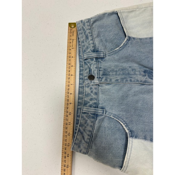 Free People Blue Denim Patchwork Frayed Hem Mini Skirt Size 4 - Picture 3 of 8